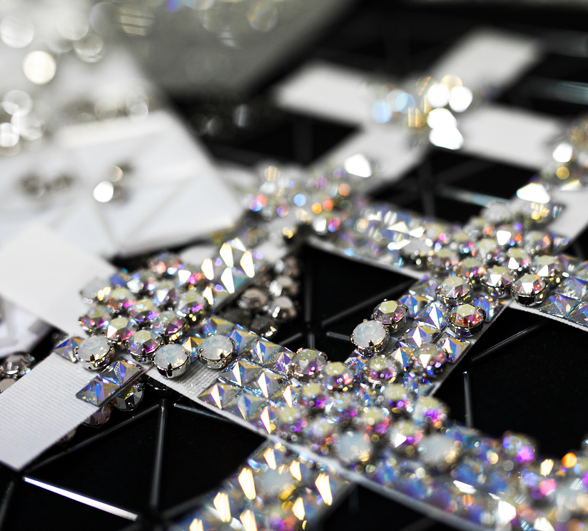 Preciosa crystals with crystal AB decor applied on fabric 